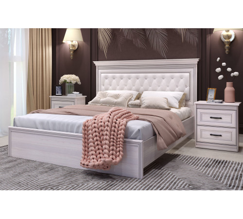 Кровать 1400/1600/1800 с ортопедическим основанием Неаполь Ясень анкор светлый (патина "серебро") экокожа polo белая